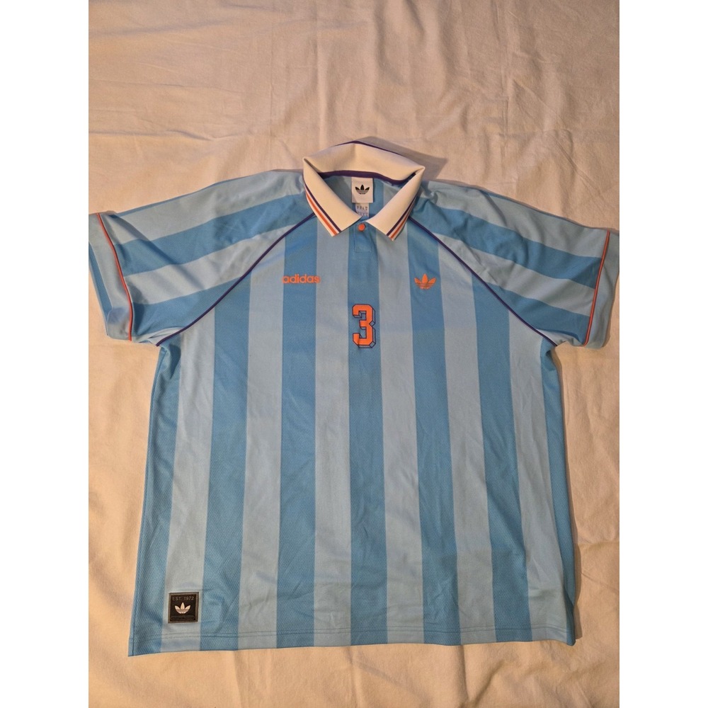 Adidas Originals Summer Football Polo Jersey 2XL Bright Cyan Striped #3 Trefoil